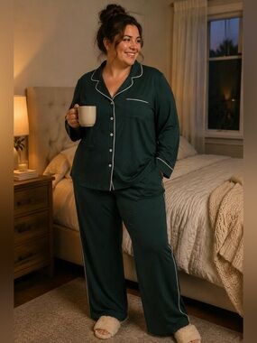 Yitty by Lizzo Cloud Jersey Pajama Set 2X Green Long Sleeve Top Pants Plus